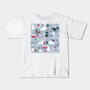 Veterinary medicine, happy and healthy friends // pastel blue background red details navy blue white and brown cats dogs and other animals Kids T-Shirt